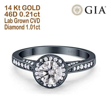 14K Black Gold Halo GIA Certified Round 6.5mm D VS1 1.01ct Lab Grown CVD Diamond Engagement Wedding Ring